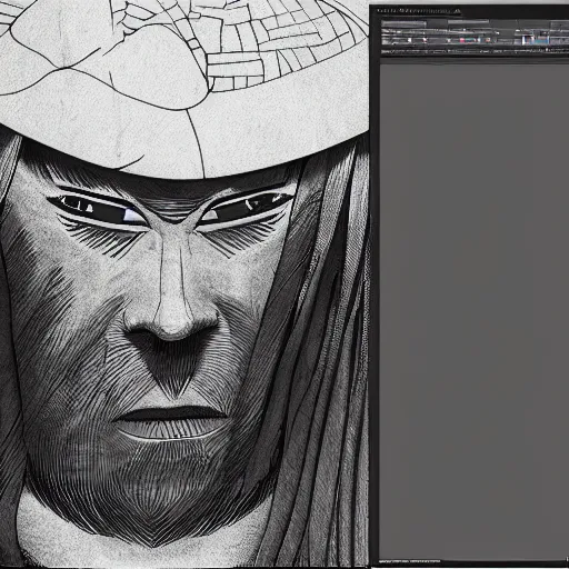 Image similar to 'a sketch to a samurai in ink manga panel ,octane render, artstation , highly detailded'