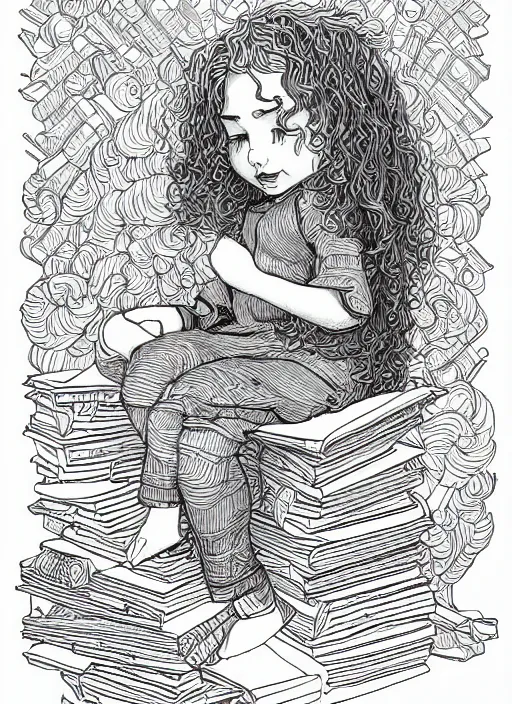 Prompt: clean simple line art of a little girl with wavy curly hair sitting on a tall pile of books. well composed, clean coloring book page, beautiful detailed face. coloring book line art by greg rutkowski and johanna basford