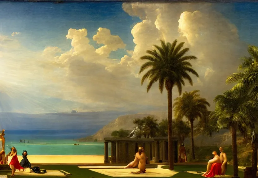 Image similar to The highest palace ever made, thunderstorm, greek pool, beach and palm trees on the background major arcana sky, by paul delaroche, hyperrealistic 4k uhd, award-winning very detailed