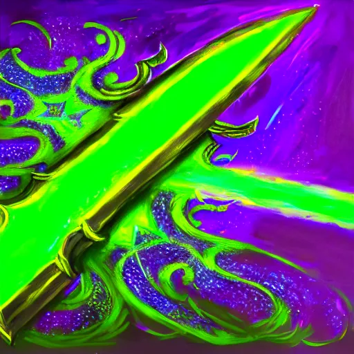 Image similar to Oil painting concept art of a magical acid sword glowing bright green, very intricate hilt, green color scheme, highly detailed concept art.