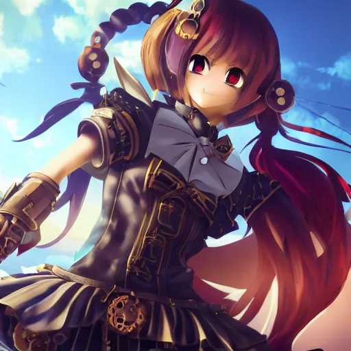 Image similar to smug anime girl with steampunk armor slicing in half a training dummy with a steampunk sword, extremely detailed, cinematic lighting, low angle, particles, clouds, trees,