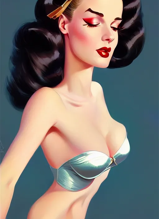 Prompt: glamorous and sexy american pinup, beautiful pale makeup, pearlescent skin, seductive eyes and face, elegant woman, lacivious pose, very detailed face, seductive, sexy push up bras, photorealism, official fanart behance hd artstation by Jesper Ejsing, by RHADS, Makoto Shinkai and Lois van baarle, ilya kuvshinov, rossdraws