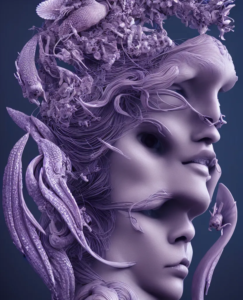 Image similar to goddess sculpture close-up portrait. orchid bird phoenix head, nautilus, skull, betta fish, bioluminiscent creatures, intricate artwork by Tooth Wu and wlop and beeple. octane render, trending on artstation, greg rutkowski very coherent symmetrical artwork. cinematic, hyper realism, high detail, octane render, 8k