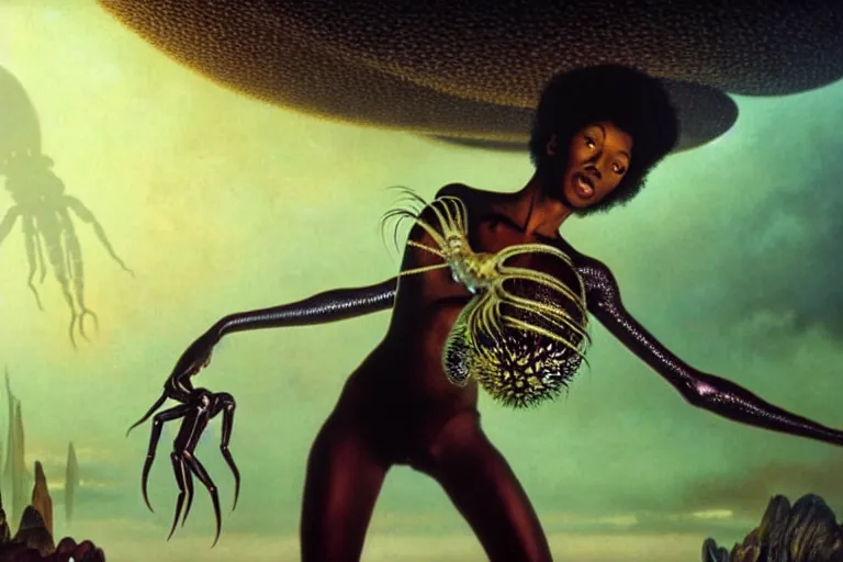 Image similar to realistic detailed portrait movie shot of a beautiful black woman dancing with a giant spider, futuristic sci fi landscape background by denis villeneuve, jean deville, yves tanguy, ernst haeckel, alphonse mucha, max ernst, caravaggio, roger dean, sci fi necklace, fashion, masterpiece, rich moody colours