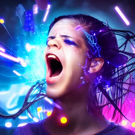 Image similar to girl screaming and holding her head while it explodes with lights and computer elements, cyberpunk, hyperdetailed, suffering, realistic, futuristic, cybernetic, character concept art, blue and violet color scheme