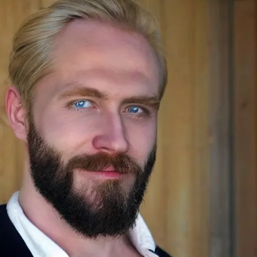 Image similar to photograph of a blond male, middle aged balding superhero, with dark blue eyes, very pale skin and a blond full beard