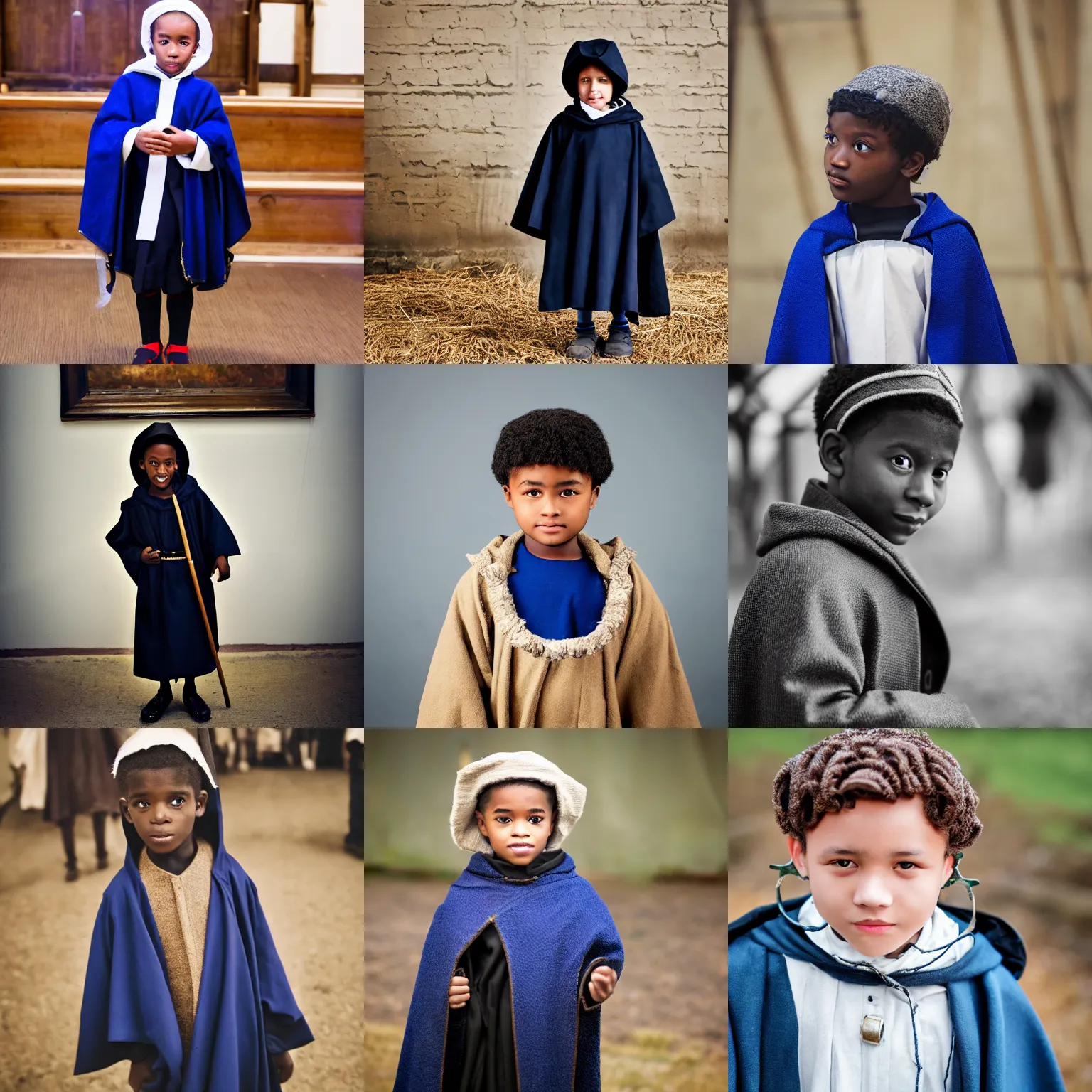 Prompt: black boy dressed as shepherd for a church nativity play, blue cloak, shepherd's crook, candid photo, indoors, mm, iso, trending