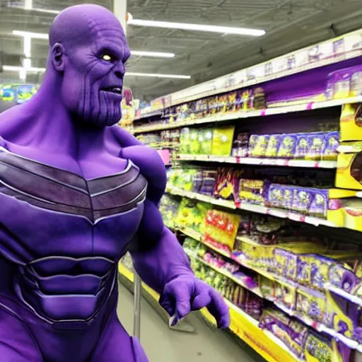 Image similar to thanos looking for his mom at wallmart, sharp focus