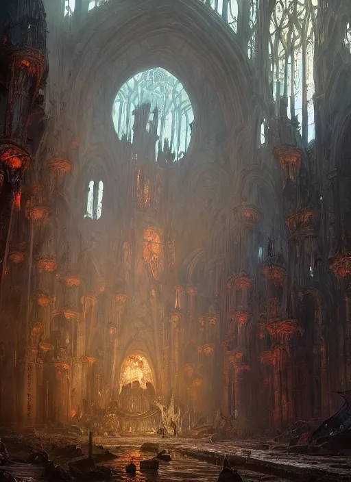 Prompt: ruined cathedral in hell full of giant crabs. fantasy concept art. moody epic painting by james gurney, greg rutkowski, giger, maxim verehin and alphonso mucha. artstationhq. painting with vivid color. ( dragon age, witcher 3, lotr )