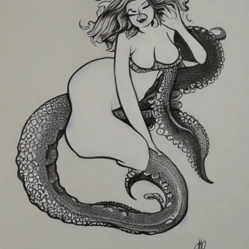 Image similar to mermaid pinup drawing. an octopus is in the background