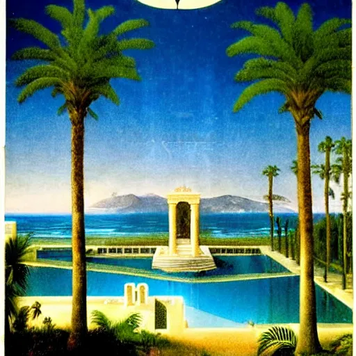 Image similar to The biggest palace ever made, thunderstorm, greek pool, beach and palm trees on the background major arcana sky, by paul delaroche, magazine photo from 2007, hyperrealistic 8k, very detailed