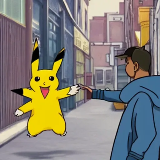 Prompt: CCTV footage of a real life pikachu buying drugs from a random dude in a hoodie in an alley, photorealistic