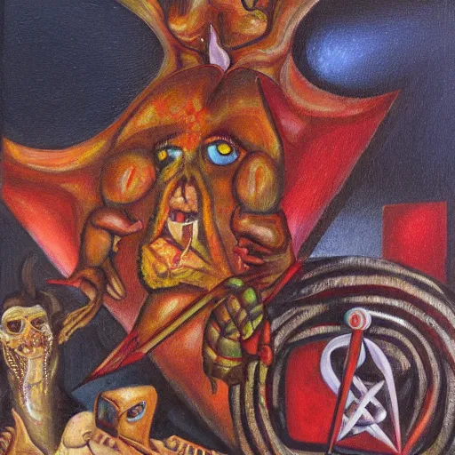 Image similar to portre of an autistic demon on acid, masonic and kabalistic symbols in background, oil painting