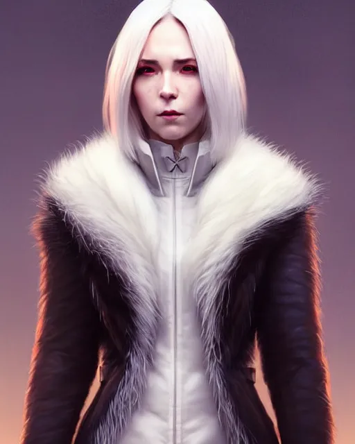 Image similar to dragon hunter wearing a fur - lined dragonhide jacket!!! beautiful and elegant white hair female!! symmetry, character concept art, sharp focus, illustration, artgerm!! greg rutkowski! wlop!! ilya kuvshinov!! charlie bowater! octane render, unreal engine 5! highly rendered!!