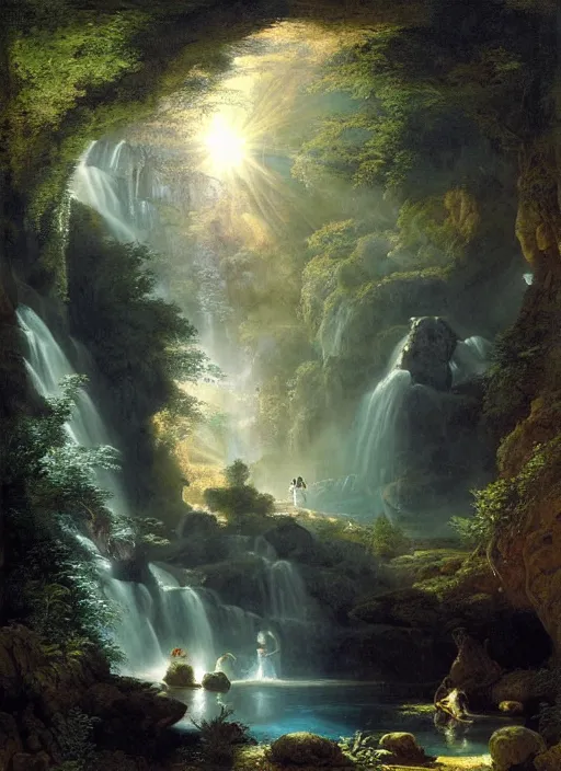 Prompt: a deep cave entrance, waterfalls, harmony of nature, infinite dawn, angelic light, sparkling dew, epic atmosphere, by asher brown durand, by yoshitaka amano