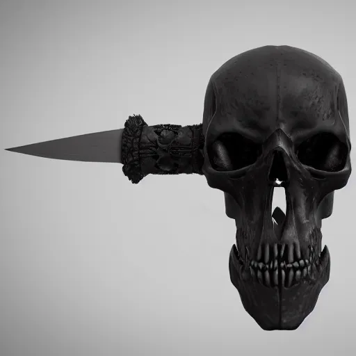 Image similar to a black sword skull core, ornament, weapon, a 3 d render by dom qwek, studio lighting, front side view, trending on polycount, hard surface modeling, rendered in maya, 3 ds max, blender, artstation hd, vray