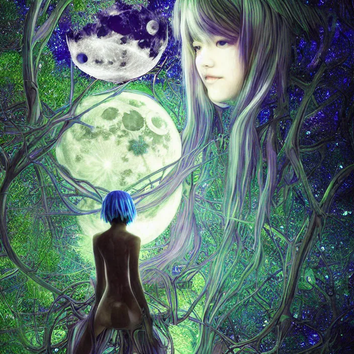 Image similar to dreamscape forest rei ayanami with horns, the moon in the woods, earth from the moon, fractal, liminal space, Japan Lush Forest, Leviathan awakening from Japan in a Radially Symmetric Alien Megastructure turbulent bismuth glitchart Luminism Romanticism by John William Waterhouse Atmospheric Cinematic Environmental & Architectural Design recusion mandelbulb fractal wisdom acrylic pouring