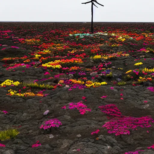 Prompt: A very intrincated and ominous tall black Rock stands in the middle of an plain covered with colorful flowers