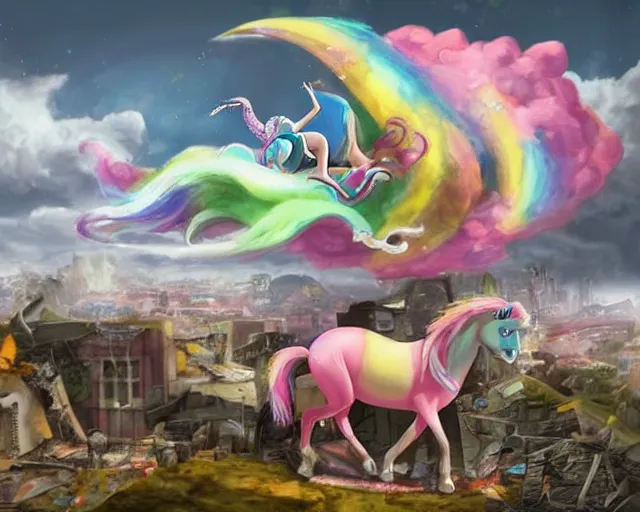 Prompt: the rainbow unicorn from adventure time with Fin and Princess bubblegum riding on top flying through a ruined city in hyper realistic style