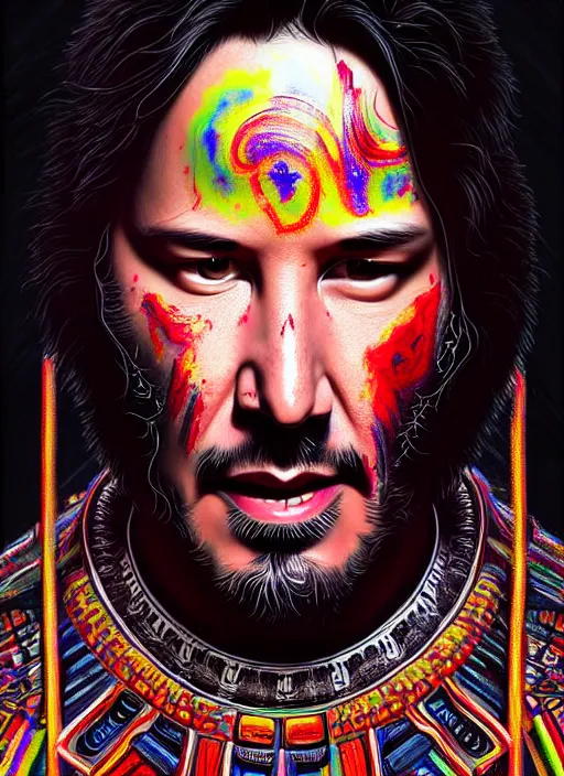 Image similar to portrait of keanu reeves, hyper detailed ultra sharp aztec shaman warrior. trending on artstation, warpaint aesthetic, bloodwave, colorful, psychedelic, ornate, intricate, digital painting, concept art, smooth, sharp focus, illustration, art by artgerm and greg rutkowski and h. r. giger, 8 k