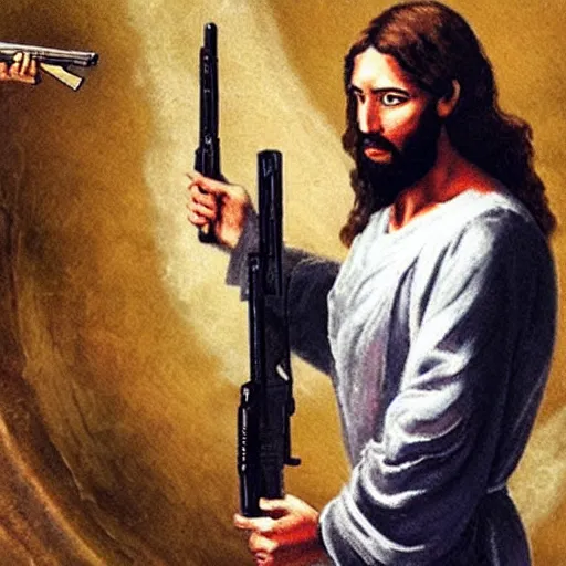 Image similar to jesus with guns killing demons