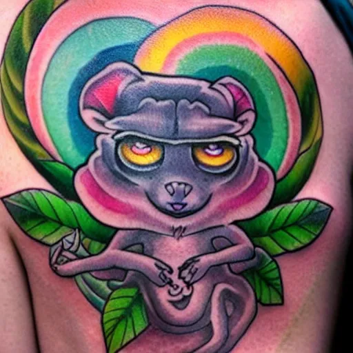 Prompt: shoulder tattoo of a multicolored hallucinating meditaing cute bush baby, eyes are rainbow spirals, happy mood, surrounded with colorful magic mushrooms and rainbow marihuana leaves, insanely integrate