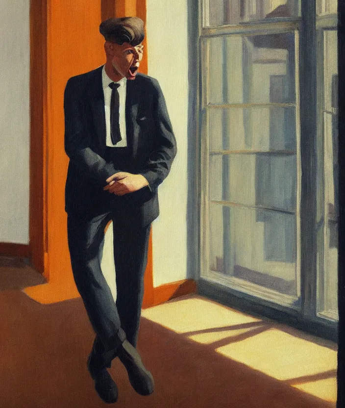 Image similar to a portrait painting of a man in a suit, the man is screaming and sad, highly detailed facial details, the man is alone in front of a window, in the style of edward hopper, 4 k,