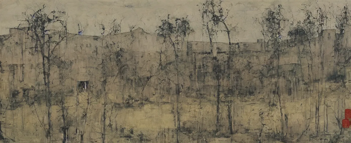 Image similar to a chinese prison near a river by peter doig, muted colors