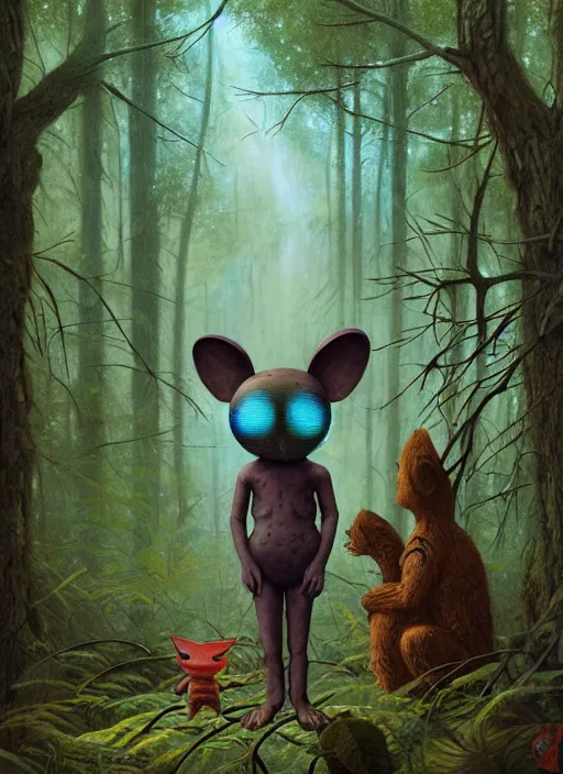 Image similar to cuddly friendly alien in the woods by a river gorgeous lighting, lush forest foliage blue sky a hyper realistic painting by chiara bautista and beksinski and norman rockwell and greg rutkowski, tom bagshaw weta studio, and lucasfilm