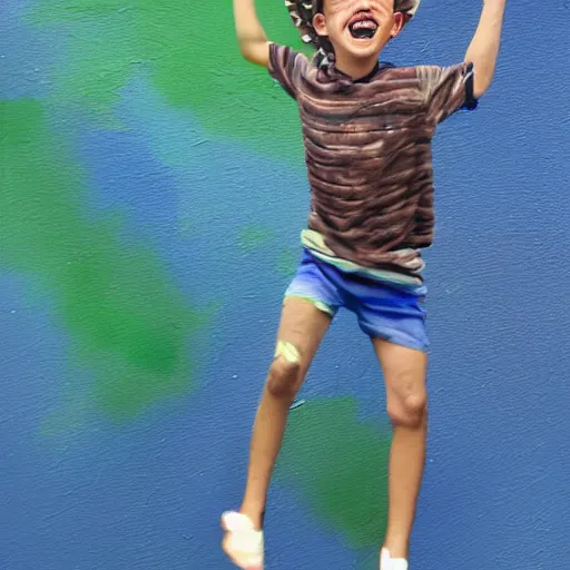 Image similar to a kid grinning wearing a blue sock hat over his eyes, green shirt and brown jumping high in the air painting, high details