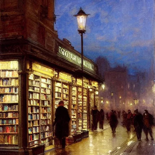 Image similar to Solomon Joseph Solomon and Richard Schmid and Jeremy Lipking victorian genre painting painting of an english 19th century english bookshop store front on a stone city streat with shops and stores at night with cozy lights