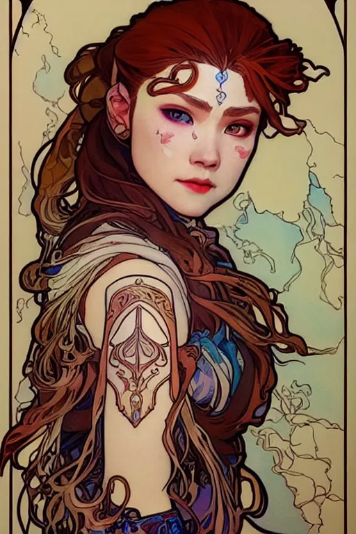 Prompt: beautiful art - nouveau portrait painting of aloy!!!, aloy!!!, artstation, horizon zero dawn!!!, art by mucha, detailed, fine line work, face paint