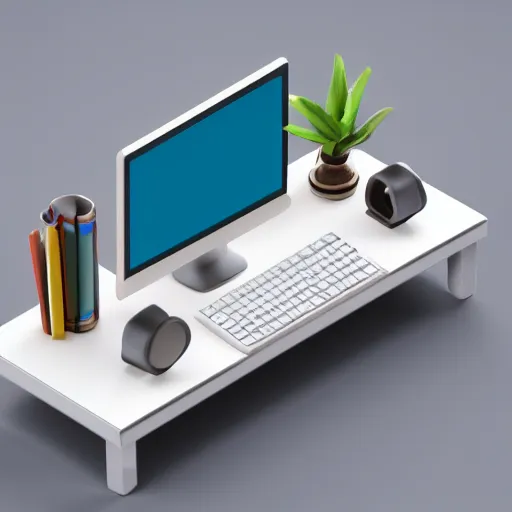 Image similar to 3 d object of desk, isometric game, isometric art, centralised, mohamed chahin, blender cycles render, solid colours material, no background and shadows