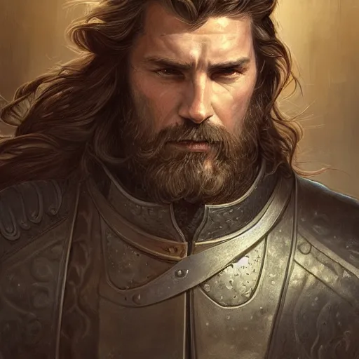 Image similar to portrait of a ruggedly handsome paladin, soft hair, muscular, half body, leather, hairy, d & d, fantasy, intricate, elegant, highly detailed, digital painting, artstation, concept art, smooth, sharp focus, illustration, art by artgerm and greg rutkowski and alphonse mucha