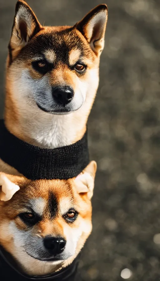 Image similar to a portrait shiba inu wearing a a black turtle neck and wearing a black barret, looking at the camera, bokeh, depth of feild, dslr photo