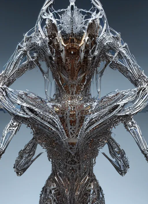 Prompt: beauteous sumptuous hybrid elegant, white pearlescent, chrome, iridescent titanium biomechanical, futuristic catwalk fashion show, crystal, gold, copper, bronze, crystalline masterpiece incrustations, hyperdetailed metalwork by h. r. giger movie still, intricate, octane render, cinematic forest lighting, unreal engine, crepuscular rays, god rays
