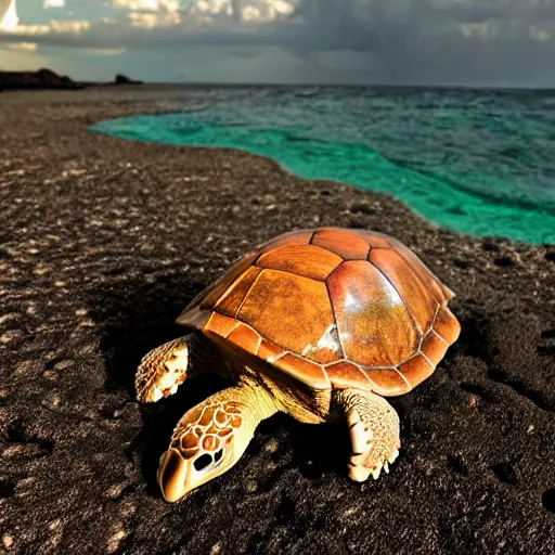 Prompt: lush deserted island on a turtle back escaping a volcano