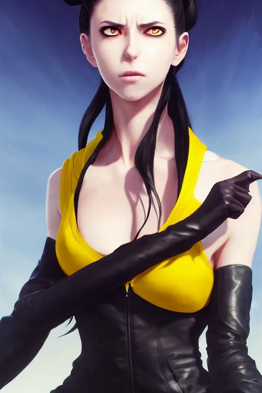 Image similar to black ponytail hair, pale woman in a black zipper jacket, yellow eyes, by artgerm, hair tied in a ponytail, black backdrop, masterpiece, beautiful render, matte painting, realistic, fighting pose, dynamic angle, by greg rutkowski makoto shinkai takashi takeuchi