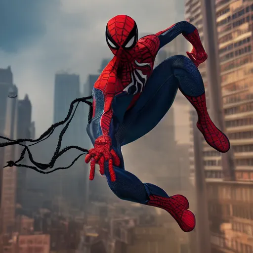 Image similar to a single venom and spider - man hybrid, dslr, cinematic, volumetric lighting, 8 k resolution, photorealistic