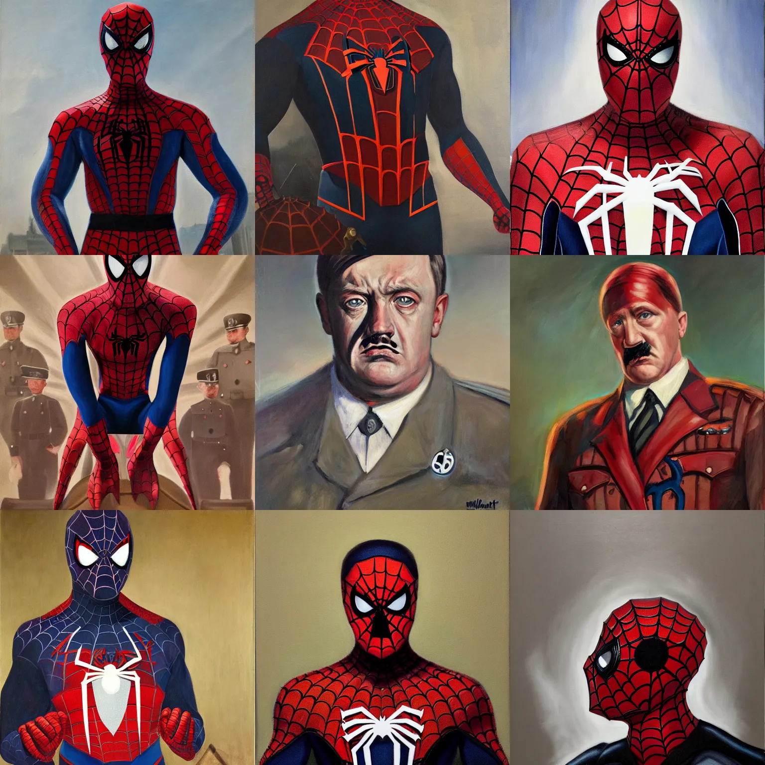 Prompt: portrait of hitler spiderman as chancellor of germany, 1 9 3 9, oil on canvas by william sidney mount, hyper militaristic, spidey suit, evil, dark, threatening, trending on artstation