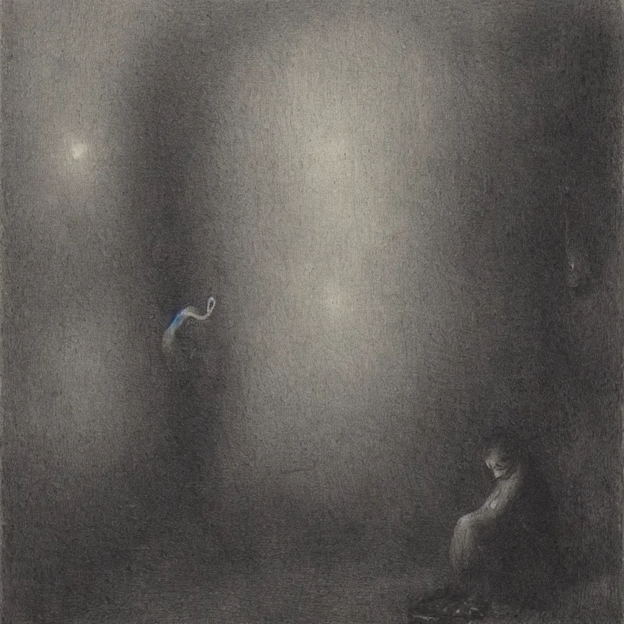 Image similar to artwork about a sad sphere - headed character, by alfred kubin. atmospheric ambiance. depth of field and tridimensional perspective. foggy.