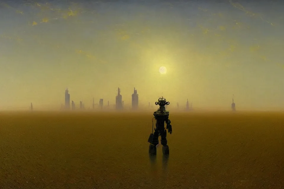 Image similar to sci-fi painting of a large alien city on the vast wheat fields, the closed back view of only one humanoid robot on the ground, by Ivan Aivazovsky, godrays, detailed