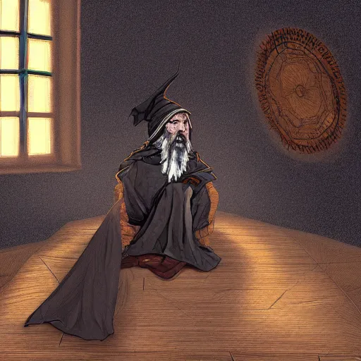 Prompt: inpatient wizard waiting for his spell to develop, digital art, 4 k, fantasy,