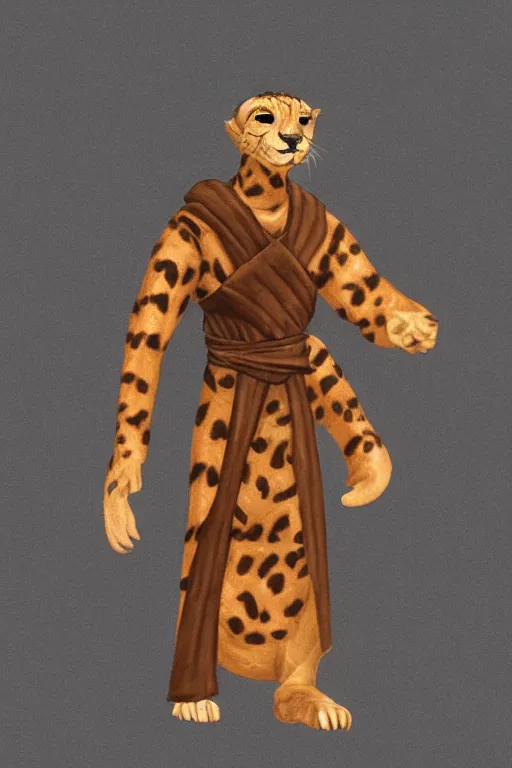 Image similar to Humanoid Cheetah, Animal face, D&D, Tabaxi Monk, Solo 3/4 Portait, Simple Robes, fantasy setting