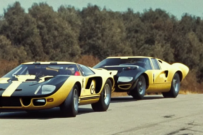 Prompt: vintage race footage of a sginel 1965 GT40 with elements of the F40, De Tomaso, Lotus, BMW M1, Pantera and Countach, movie still, speed, cinematic Eastman 5384 film