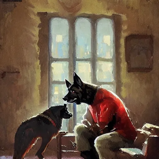 Image similar to a humanoid german shepherd beast - man, sitting and watching a soccer match in his house on television, he has hurt his knee and is a dad, by erin hanson, alexi zaitsev, karl spitzweg, award winning, tv set