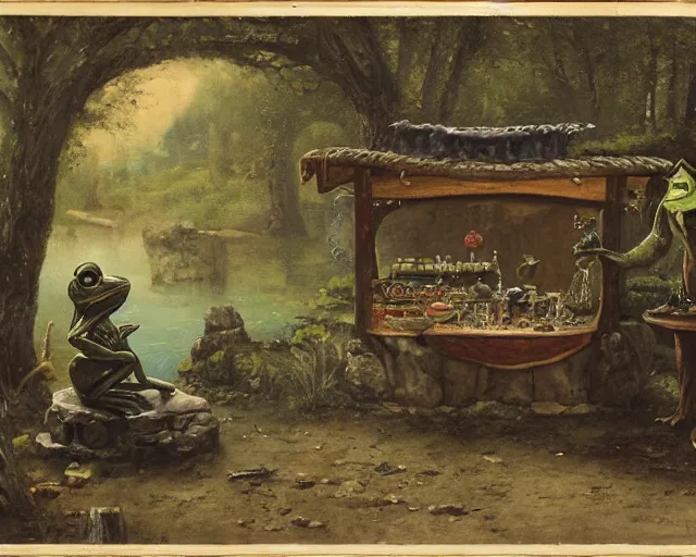 Prompt: frog wizard selling magical wares on a stand next to a pond by achenbach, andreas