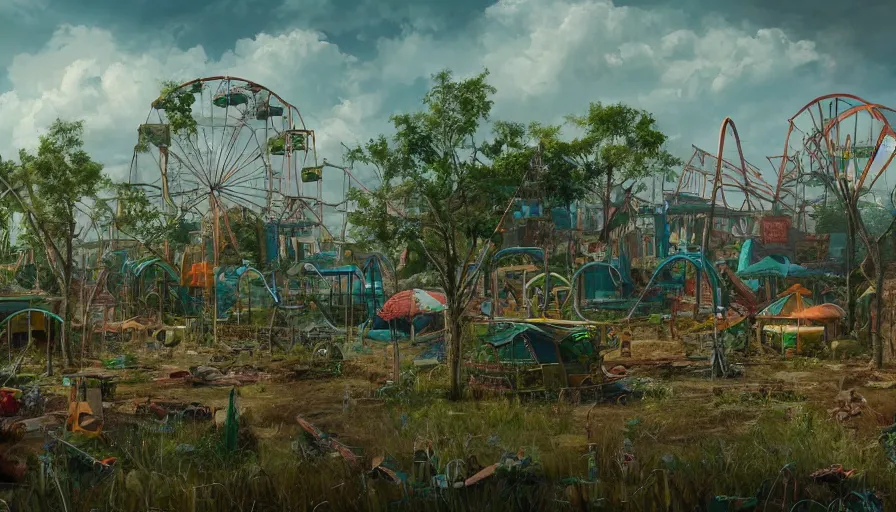 Image similar to Dusty abandoned old fairground covered by vegetation, hyperdetailed, artstation, cgsociety, 8k