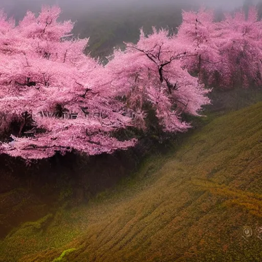 Image similar to chinese landscape of mountains in fog with sakura trees