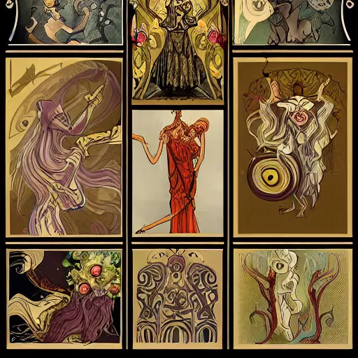 Prompt: artnouveau mythical scary creatures of layers of fear